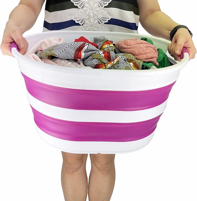 SAMMART 23L (6 Gallons) Collapsible Plastic Laundry Basket - Oval Tub/Basket - Foldable Storage Container/Organizer - Portable Washing Tub - Space Saving Laundry Hamper (White/Purple)
