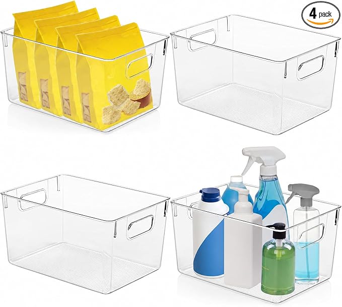 4 Pack Kitchen Organizers - Clear Plastic Storage Bins for Fridge, Pantry, Cabinet, Countertops and Bathroom