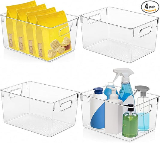 4 Pack Kitchen Organizers - Clear Plastic Storage Bins for Fridge, Pantry, Cabinet, Countertops and Bathroom