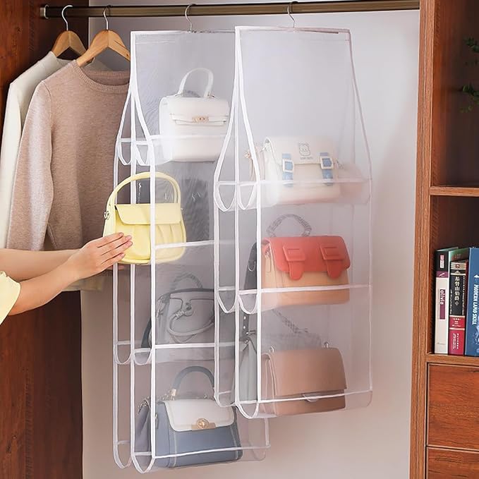 AARAINBOW Hanging Handbag Organizer for Closet, 8-Pocket Purse Storage Holder, Space-Saving Wardrobe Organizer for Women, 44.5"L x 13.5"W (A-White)