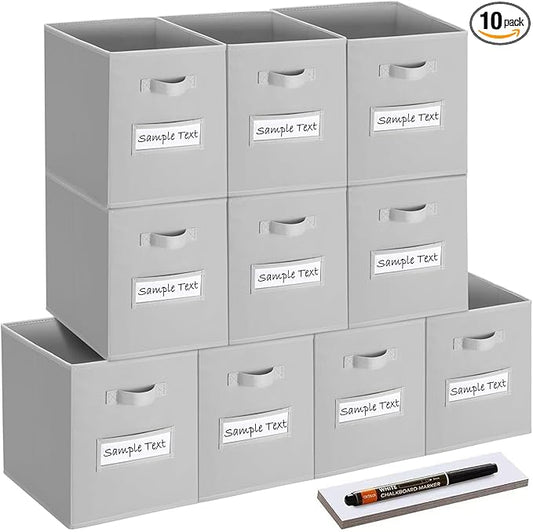 11x11 storage cube bins (Set of 10) Foldable Fabric storage cubes with 10 Labels Window Cards & a Pen,11 inch cube storage bin,Closet Organizers for Shelves,Cubby Organizer Boxes,Light Grey