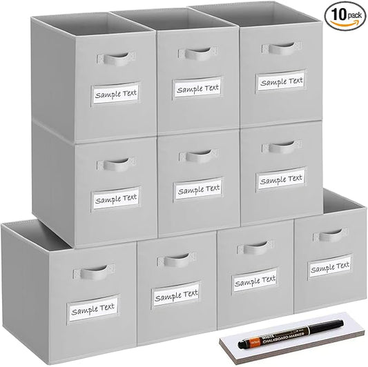 13x13 storage cube bins (Set of 10) Foldable Fabric storage cubes with 10 Labels Window Cards & a Pen,13 inch cube storage bins,Closet Organizers for Shelves,Cubby Organizer Boxes,Light Gray