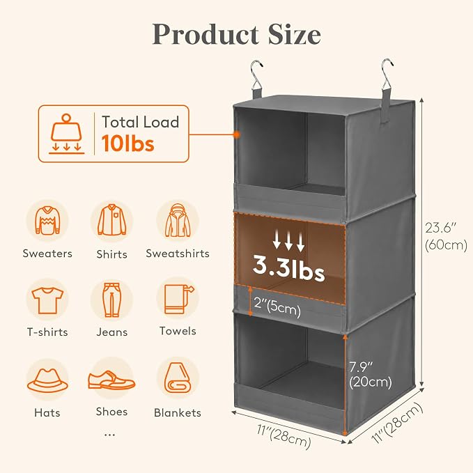 Lifewit 3 Tier Hanging Closet Organizer and Storage, Foldable Hanging Closet Shelves with 2 Sturdy Hooks, Clothes Organization for Sweater/Shoes/Coat, for Wardrobe, Bedroom, RV, Gray, 2 Pack