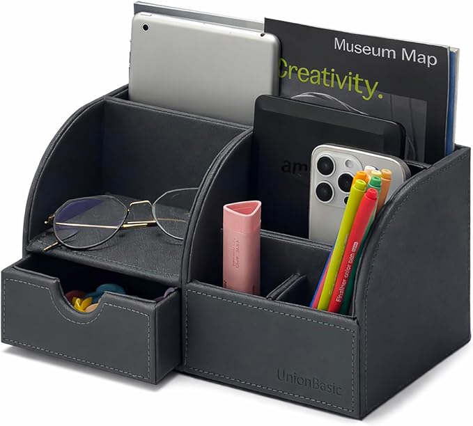 UnionBasic Desk Organizer - Multifunctional Leather Desktop Pen Holder Storage Box - Business Card/Pen/Pencil/Mobile Phone/Stationery Holder, Taiga Dark Gray