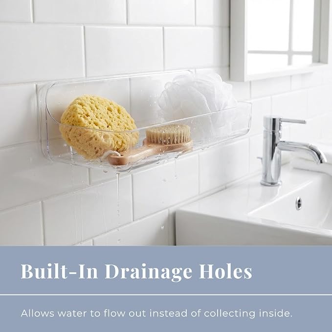 No-Drill Acrylic Shower Caddy – Wall Mounted Bathroom Shelf with Drain Holes, Strong Adhesive, Large Capacity for Shower, Kitchen, RV – Sandra Series
