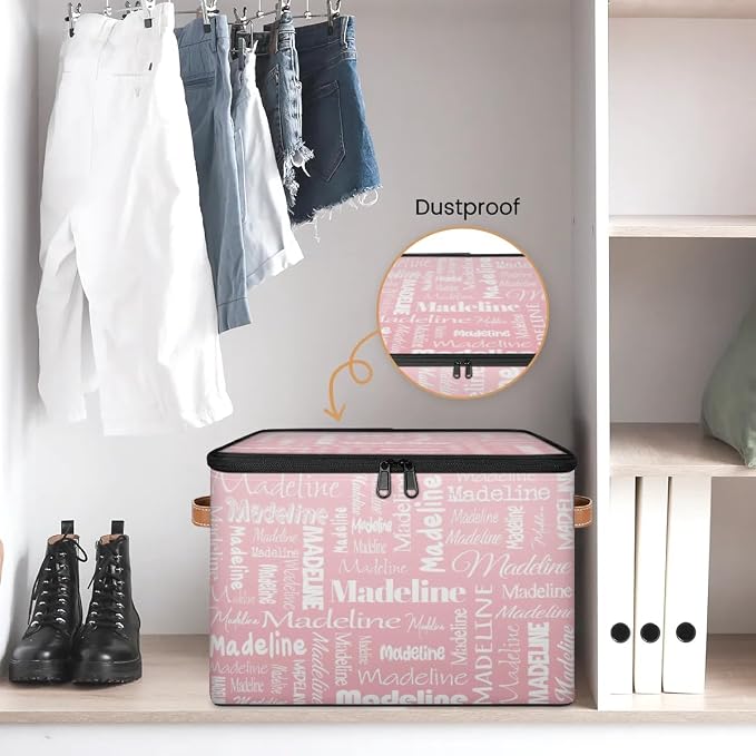 Custom Storage Basket with Name, Personalized Keepsake Box with Zipper Lid, Foldable Fabric Memory Bin Large capacity with Handle Pink