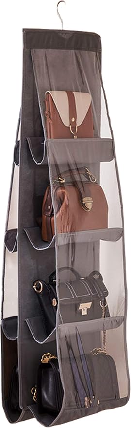 AARAINBOW 1 Pack Hanging Handbag Purse Organizer for Closet, 8 Pockets Wardrobe Space Saving Purse Holder, Handbag Storage Bags Hanging, Womens Purse Storage Organizers, 41L x13.5W (B-Dark Gray)