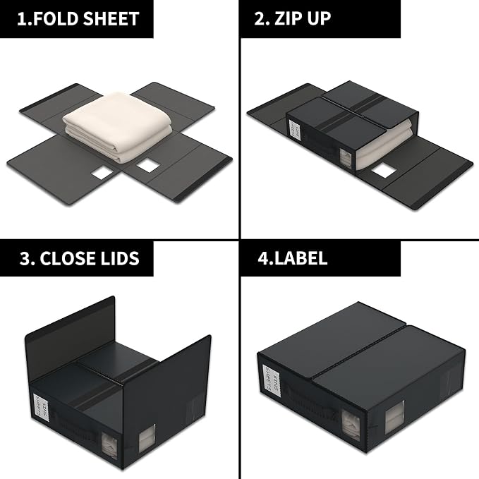 Aokeyee Bed Sheet Organizers and Storage - 8 Pack Queen or King Size Foldable Linen Closet Organizer with Window for Bedding Clothes Blankets,Black