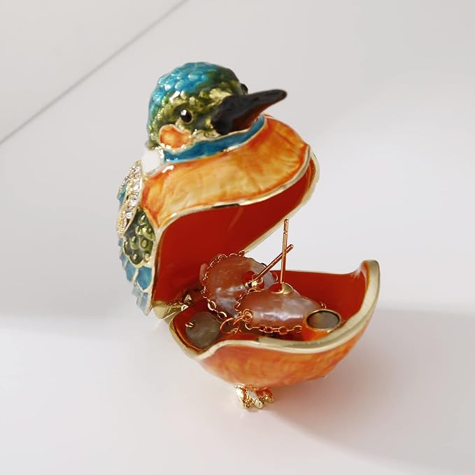 Hand Painted Enamel Kingfisher Trinket Box for Home Decor, Hinged Jewelry Organizer for Ring Earrings, Unique Figurine Keepsake Collectible Personalized Handmade Ornament Gifts (Blue Kingfisher)