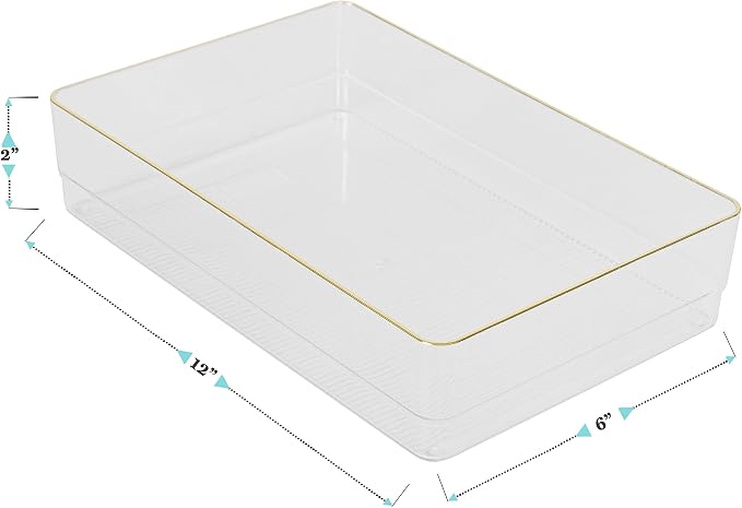 Martha Stewart Kerry Plastic Stackable Office Desk Drawer Organizers, 12" x 6", 3 Pack, with Gold Trim