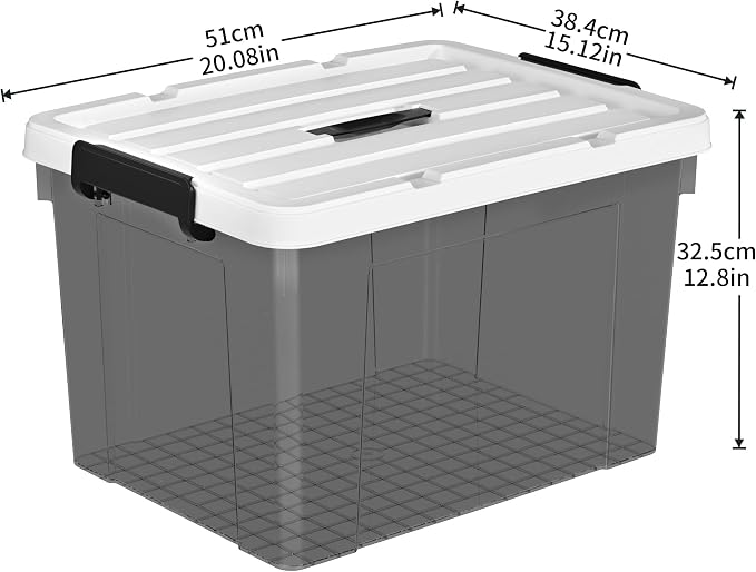 Cetomo Lidded Storage Bin with Handle, Tote Organizing Container with Durable Lid and Secure Latching Buckles, Stackable and Nestable, Plastic, 50 Quart-3 Pack, Clear Black