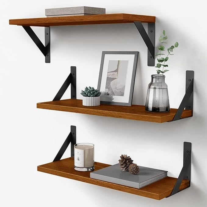 Forbena Walnut Brown Wall Bookshelf for Bedroom, Wooden Floating Book Shelves for Office, Small Wall Shelving Unit for Living Room Nursery Kitchen Bathroom Kids Room (Walnut Color)