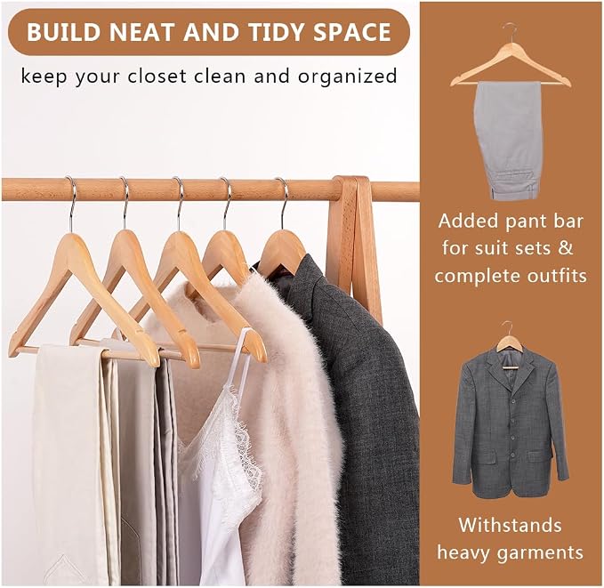 Wooden Hangers 20 Pack, Non-Slip Wood Hangers with 360°Swivel Hook & Notches, Durable & Slim Coat Hanger for Shirt, Suit, Jacket, Dress, Natural-HL01N2