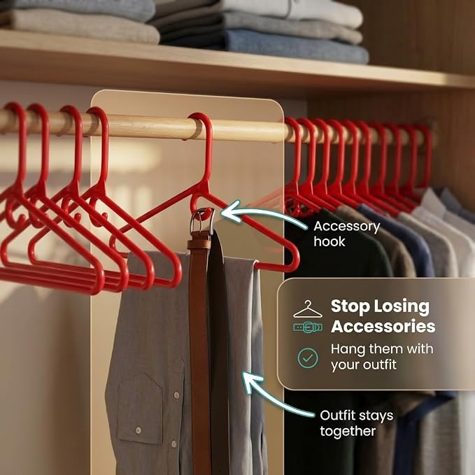 DEILSY™ Heavy Duty Plastic Hangers 30 Pack - Extra Heavy Duty Hangers for Clothes, Thick Red Plastic Hangers, Strong Clothes Hangers with Hook for Scarves & Belts