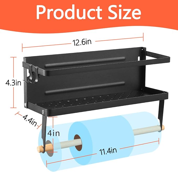 Magnetic Shelf with Paper Towel Holder | For Fridge/Washing Machine/Garage, Kitchen Spice Rack for Refrigerator, Wall Mount Storage Organizer