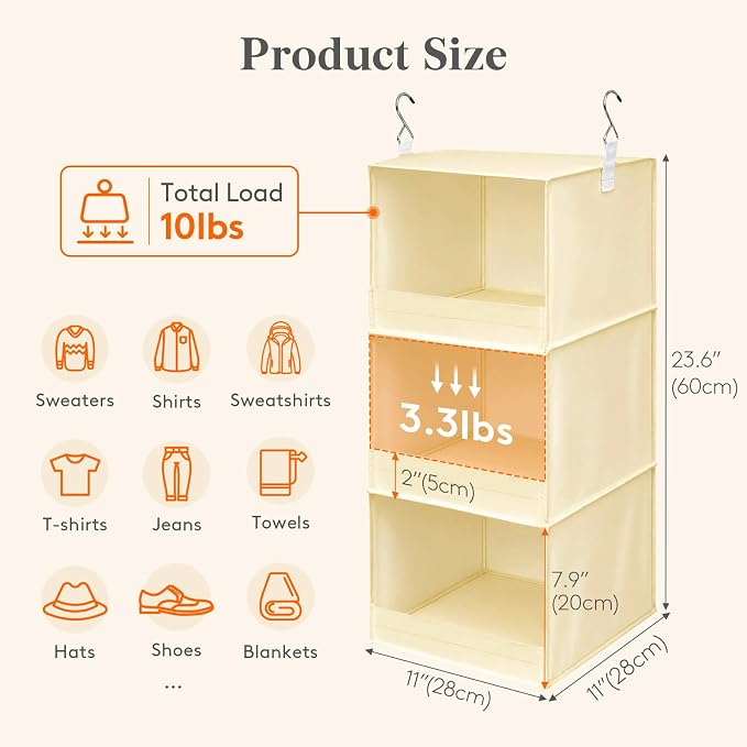 Lifewit 3 Tier Hanging Closet Organizer and Storage, Foldable Hanging Closet Shelves with 2 Sturdy Hooks, Clothes Organization for Sweater/Shoes/Coat, for Wardrobe, Bedroom, RV, Beige, 1 Pack
