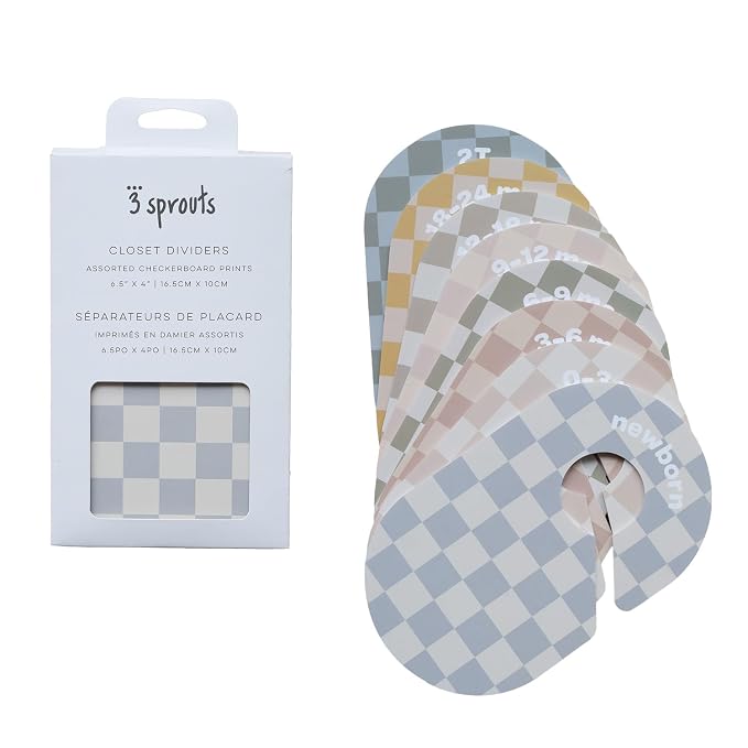 3 Sprouts Baby Closet Dividers, Newborn to 2T, Checkerboard, 8 Piece Set | Newborn to 2T sizing, 8-piece set, Double-sided size labels, Age labels, Nursery closet storage, Baby clothes organizer