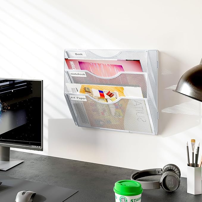 PAG Hanging Wall File Holder, 3 Tier Mail Sorter for Wall, Mesh Office Wall Organizer For Papers/Folders/Files Clipboard & Magazine, White