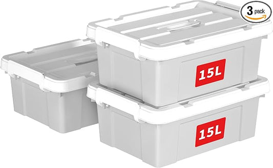 Cetomo Lidded Storage Bin with Handle, Tote Organizing Container with Durable Lid and Secure Latching Buckles, Stackable and Nestable, Plastic, 16 Quart-3 Pack, Gray