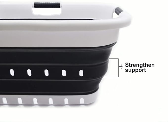 SAMMART 41L Collapsible 3 Handled Plastic Laundry Basket - Foldable Pop Up Storage Container/Organizer - Portable Basket - Space Saving Hamper/Basket (3 handled rectangular, White/Black)