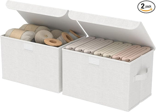 Storage Bin with Lid, Closet Boxes, 2 Pack, White, 10.2x7.9x6.7 In | Fabric Organizers System with Cover, Collapsible Stackable Clothes Basket with 2 Handles, for Kitchen Cupboards, TV Consoles