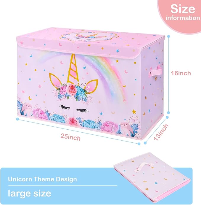 WERNNSAI Unicorn Toy Box - Collapsible Oxford Storage Bin with Handles 25" x 13" x 16" Toys Clothes Books Chest Organizer Cube with Flip-top Lid for Girls Kids Bedroom Nursery Living Room