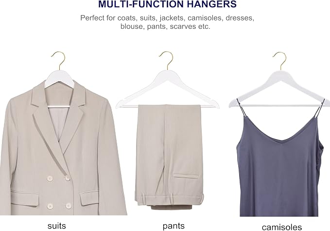 Amber Home 20 Pack White Wooden Coat Hangers with Gold Hook, White Wood Suit Hangers with Non-Slip Pant Bar, Clothes Hangers for Closet Organization, Shirts, Jackets, Dresses and Pants (White+Gold,20)