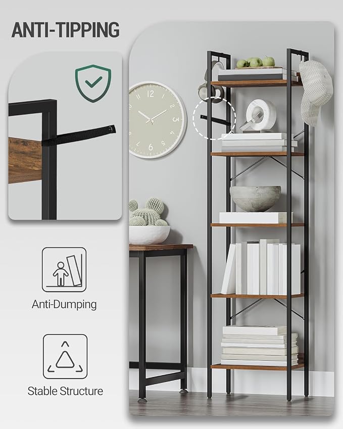 Hzuaneri Bookshelf, Book Shelf, Industrial Bookcase with 2 Hooks, Coner Shelf Storage Organizer for Home Office, Living Room, Bedroom, Kitchen, 5-Tier Rustic Brown BC10501B