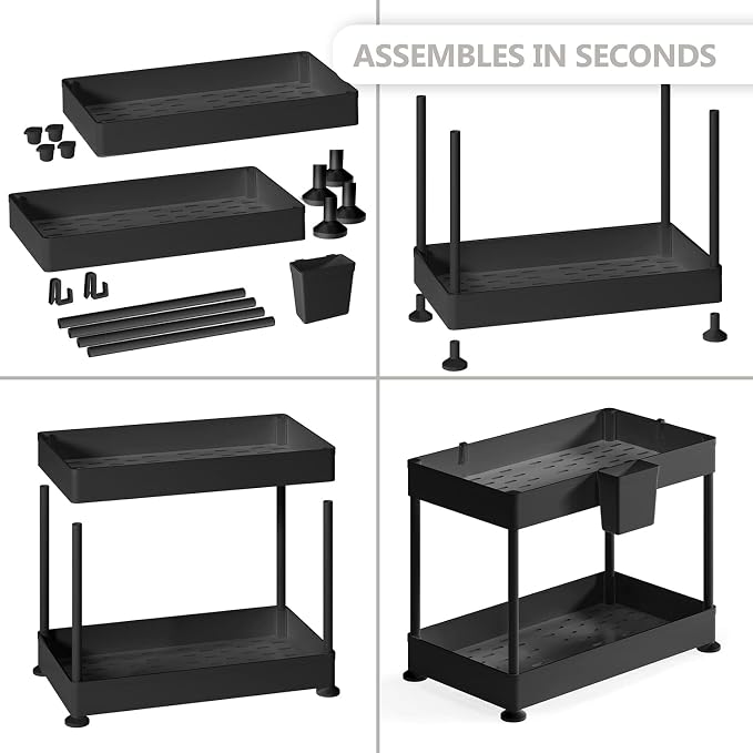 Under Sink Organizers and Storage | Bathroom Cabinet Organizer, Sink Shelf with Utility Hooks and Side Caddy for Under Cabinet Storage | Black (1-Pack) Non Slip Grip Under Kitchen Sink Organizer