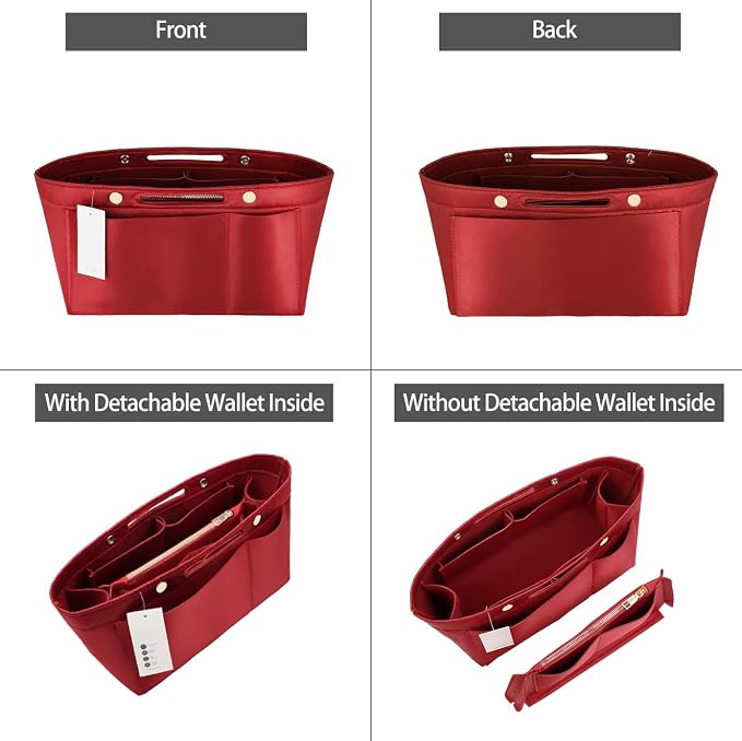 ZTUJO Purse Organizer Insert For Handbags, Silky Bag Organizer With 2 Zippers For Speedy Neverful Tote and More (Red, Large)