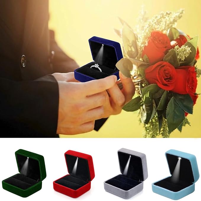 Single Slot Velvet Ring Box for Engagement or Wedding with LED Light - Blue
