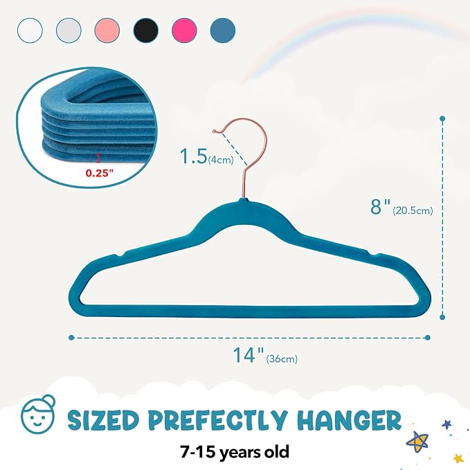 HOUSE DAY Velvet Kids Hangers 60 Pack, Premium Childrens Hangers for Closet, Ultra Thin Cute Clothes Hanger, Non Slip Small Felt Hanger 14 Inch for Kids Clothes, Light Blue