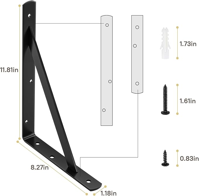 12"x 8" Heavy Duty Shelf Brackets, Load Capacity: 600 lb, 90 Degree Black Metal Supports for Shelves 2-Pack, Wall Mounted L Bracket for Floating Shelving with Screws, HOME MASTER HARDWARE