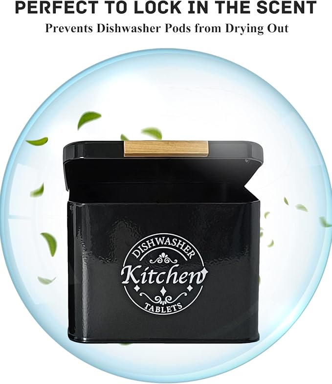 Dishwasher Pod Container with Hinged Lid. Farmhouse Metal Dishwaser Pods Holder for Kitchen Cabinet Organizer. Modern Kitchen Decor and Accessories. Dishwasher Detergent Tablet Storage (Black)