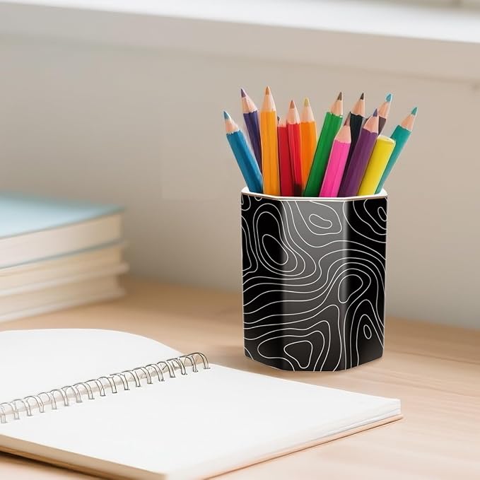 Black Pen Holder, Pencil Cup for Desk, Cute Desk Organizer, Durable Ceramic Decorative Makeup Brush Desktop Accessories, Stylish Stationery for Office, Home, Abstract Pattern