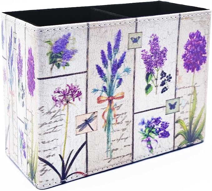Pen Holder, Rectangle Vintage Pencil Holder with 2 Compartments, PU Leather Art Remote Control Holder Organizer Storage for Desk Accessory (Lavender)