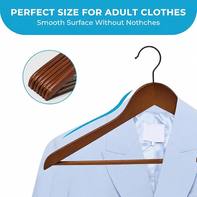 JS HANGER Wooden Coat Hangers, 30 Pack High Grade Wood Suit Hangers with Non Slip Pant Bar - Extra Smooth and Splinter Free, Retro Finish