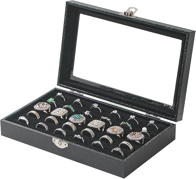 Ring Organizer Box for Jewelry,Rings Cufflinks Storage Case,Small Jewelry Box for Travel, Pretty Gifts for Girls,Black (30 Slots)