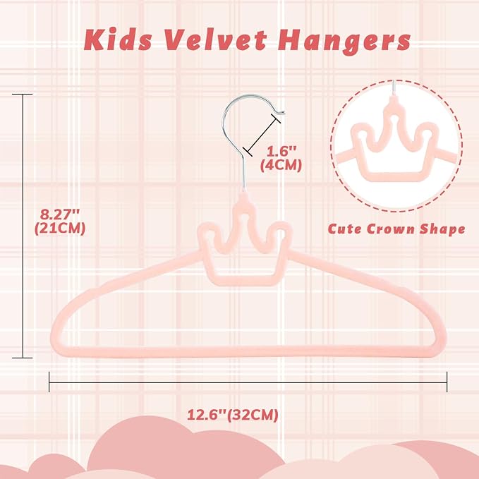 ManGotree Baby Velvet Hangers, Non-Slip Felt Kids Clothes Hanger, 12.6" Cute Crown Hanger for Closet, Space Saving Toddler Hangers for Children's Clothes (20 Pack, Pink)