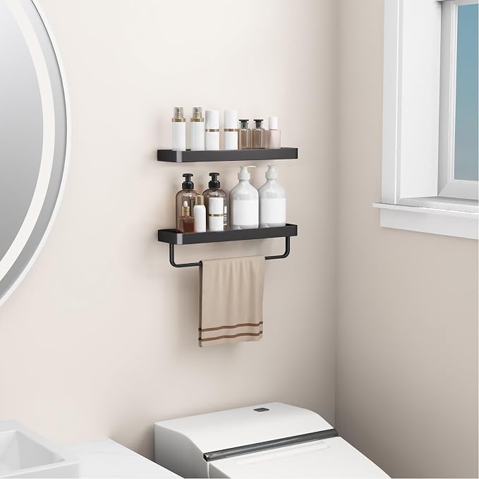 Danpoo 16-Inch Black Floating Bathroom Shelves with Towel Bar， Clear Tempered Glass Wall Shelf 2-Pack – Versatile Bathroom Organizer Set
