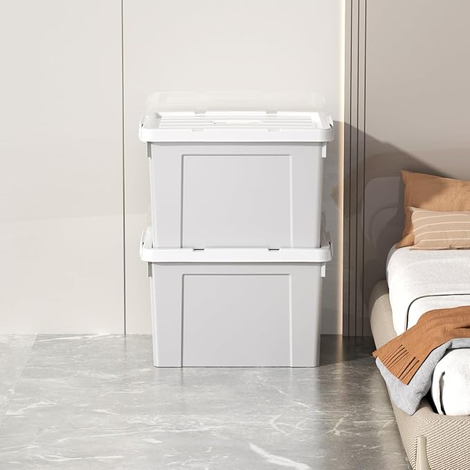 Cetomo Lidded Storage Bin with Handle, Tote Organizing Container with Durable Lid and Secure Latching Buckles, Stackable and Nestable, Plastic, 50 Quart-4 Pack, Gray