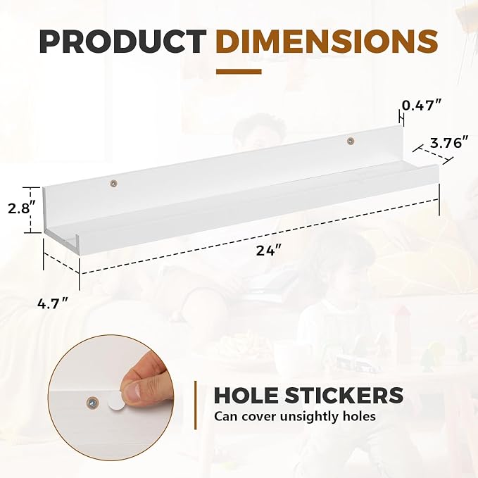 Muzilife 24" Small Floating Wall Ledge Shelves with Lip - Set of 2 Wood Floating Shelves - White Wall Mounted Picture Ledge for Office, Bathroom, Bedroom, Living Room, Kitchen