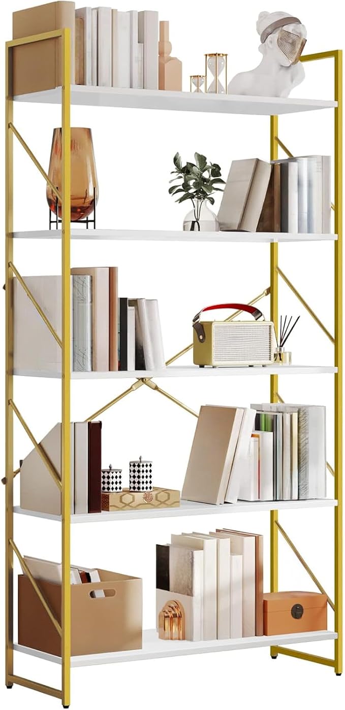 YITAHOME 5 Tiers Gold Bookshelf, Modern Wide Bookcase, Large Book Rack, Storage Rack Shelves in Bedroom/Living Room/Home/Office, Books Holder Organizer for Books, Gold