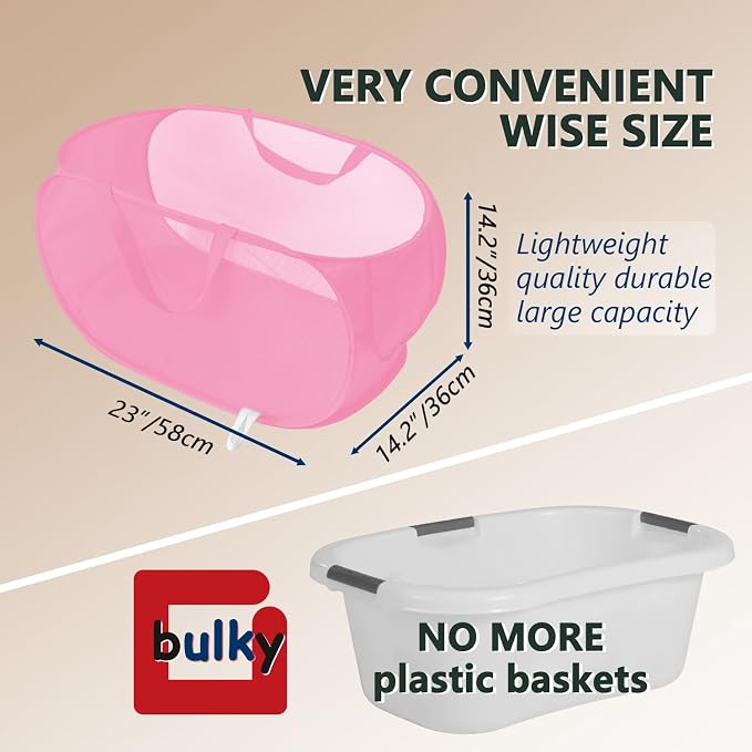 Pop Up Laundry Hamper,Collapsible Horizontal Baskets with Handles & Side Pocket,Foldable Sturdy mesh for Laundry Room,Bathroom,Kids Room,College Dorm or Travel (Pink)