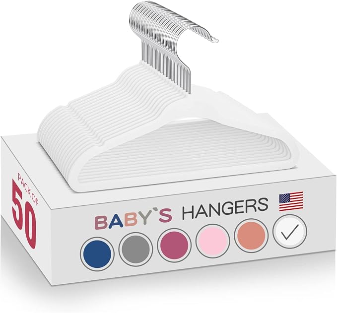 White Velvet Kids Hangers 50 Pack - 11" Ultra Thin Non-Slip Clothes Hangers for Baby/Toddler/Daycare | 360° Rotating Hooks, Space-Saving Nursery Organization