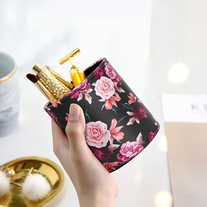 Pen Pencil Holder, WAVEYU Floral Flower Pattern Pen Cup Container PU Leather Desk Organizer Stand Decor Brush Scissor Holder Desk Organizer Decoration for Office Desk Home Decorative, Floral