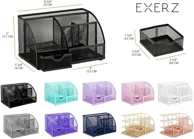 Exerz Desk Organizer Black Office Desk Accessories Supplies Office Storage Desktop Pencil Pen Holder with Drawer Home Workspace
