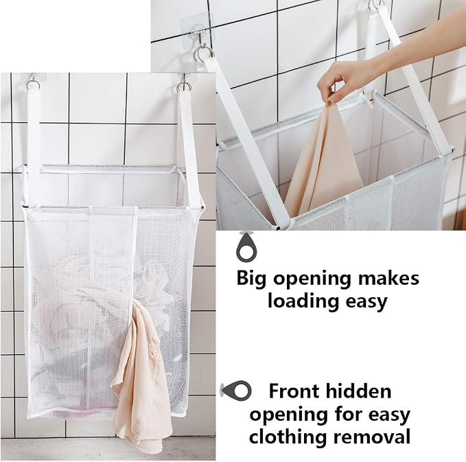 ALYER Wall Hanging Mesh Laundry Hamper,Over the Door Large Storage Bag with Big Metal Support Opening,Hardware Included (White)