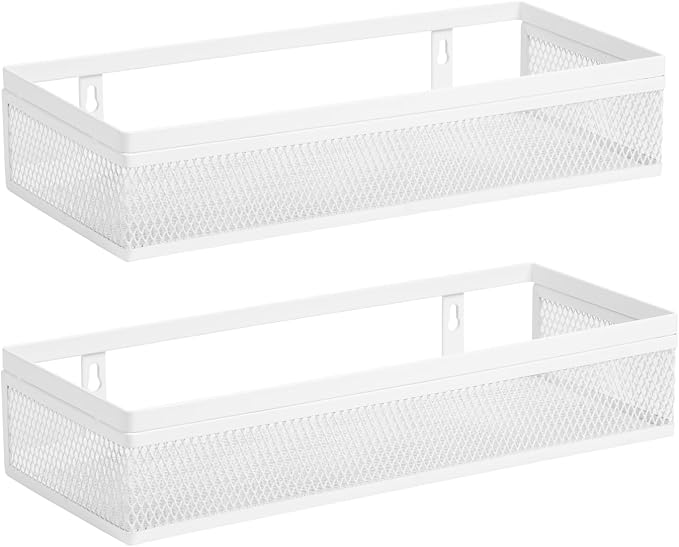 Hanging Wall Mount Storage Baskets with Adhesive Hooks & Screwing, Metal Wire Organizer Baskets for Home Decor, Kitchen, Bathroom, Pantry, Laundry, Closet, Garage, RV Black 2 Packs (White)