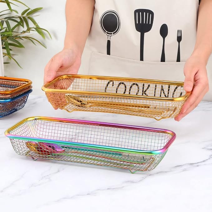 Silverware Drawer Organizer, Rainbow Mesh Kitchen Drawer Organizers, Iridescent Stackable Storage Basket Metal Utensil Holder for Flatware, 12.5"x5"x2.5", Pack of 2